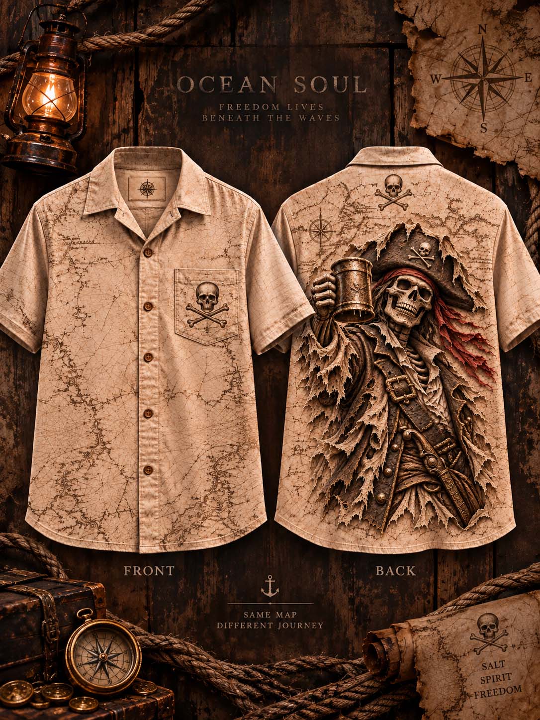 Grungy Pirate Skeleton Short Sleeve Shirt 🏴‍☠️