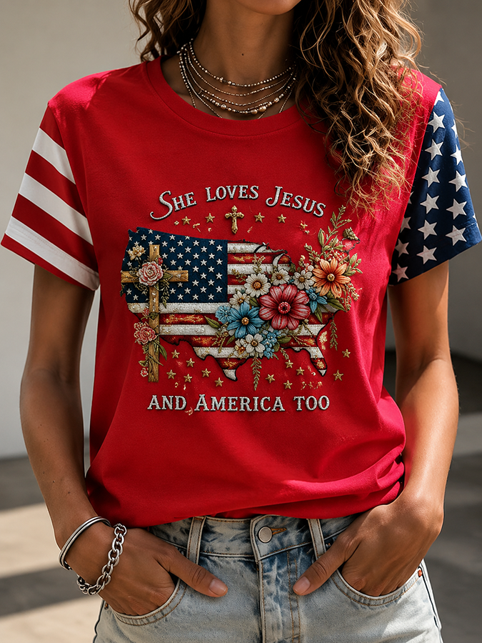 American Women'S 250Th Anniversary Love Jesus And American Round Neck Casual T-Shirt