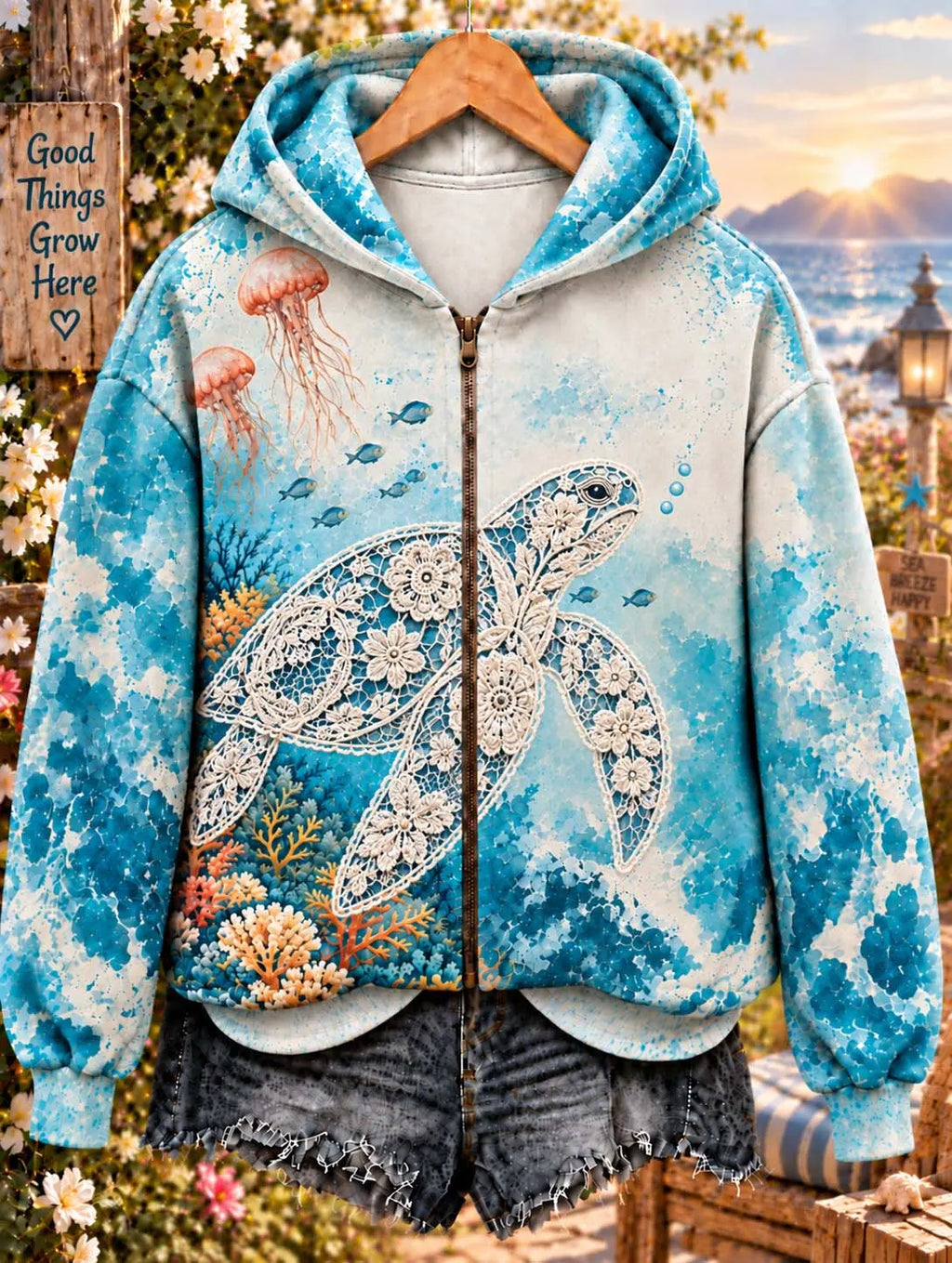 🐢 Lace Crochet Sea Turtle Zip-Up Hoodie
