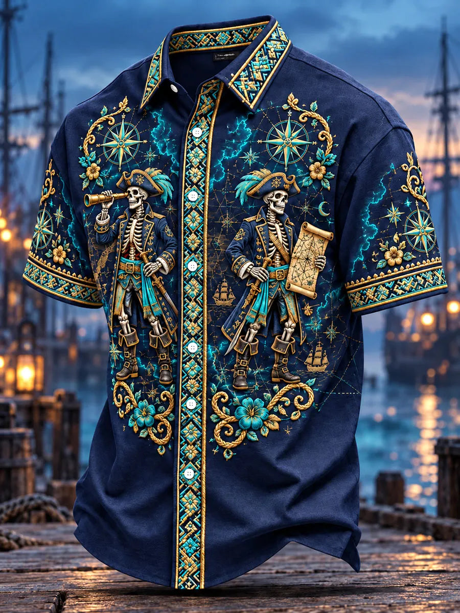 Nautical Compass Twin Pirate Skeleton Short Sleeve Shirt