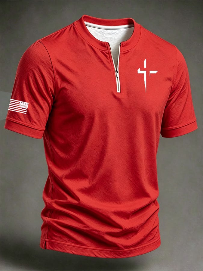 Men's Casual Printed Stand Collar Zip-Up Henley Shirt