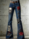 Women'S Retro Cross Skull Art Print Flare Pants