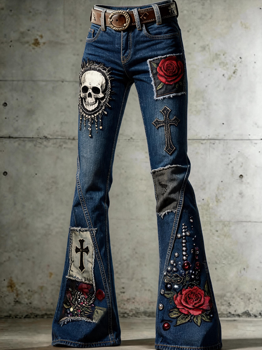 Women'S Retro Cross Skull Art Print Flare Pants