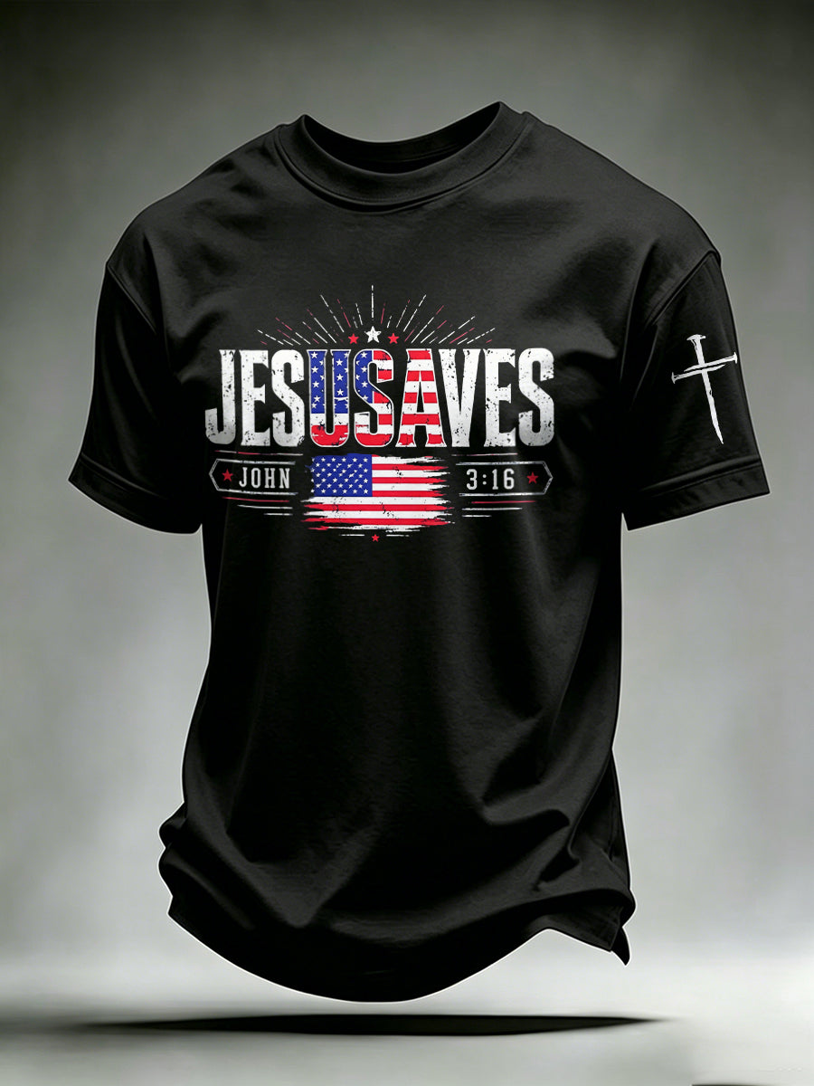 Men's Jesus Saves Print Crew Neck T-Shirt