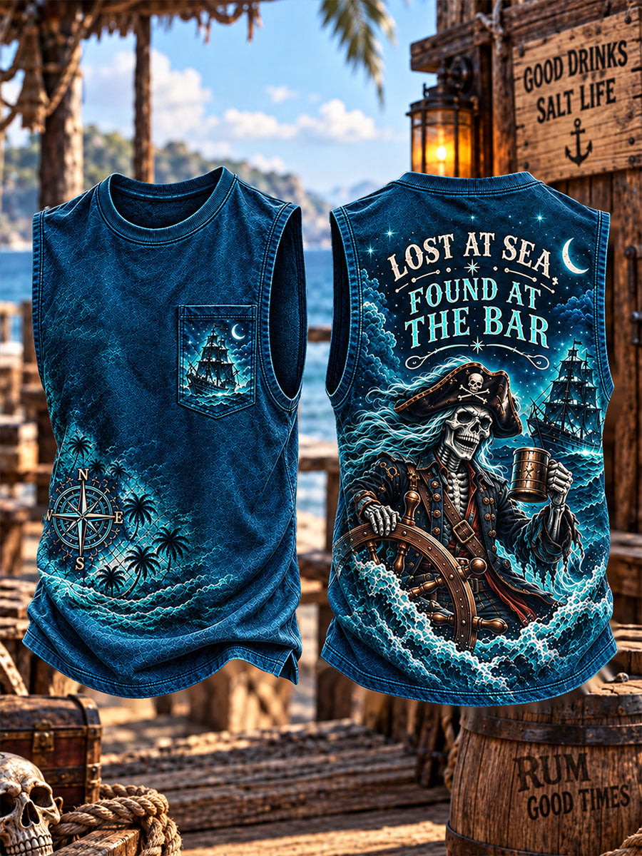 Pirate Skeleton “Lost at Sea, Found at the Bar” Men’s Pocket Sleeveless Tank Top