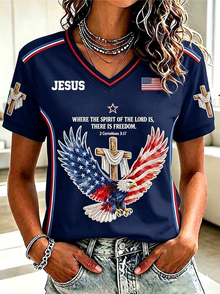 250Th Anniversary Faith Glitter Printed V-Neck Short Sleeved T-Shirt In The United States
