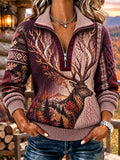 Women's Vintage Forest Deer Art Print Half-Zip Sweatshirt