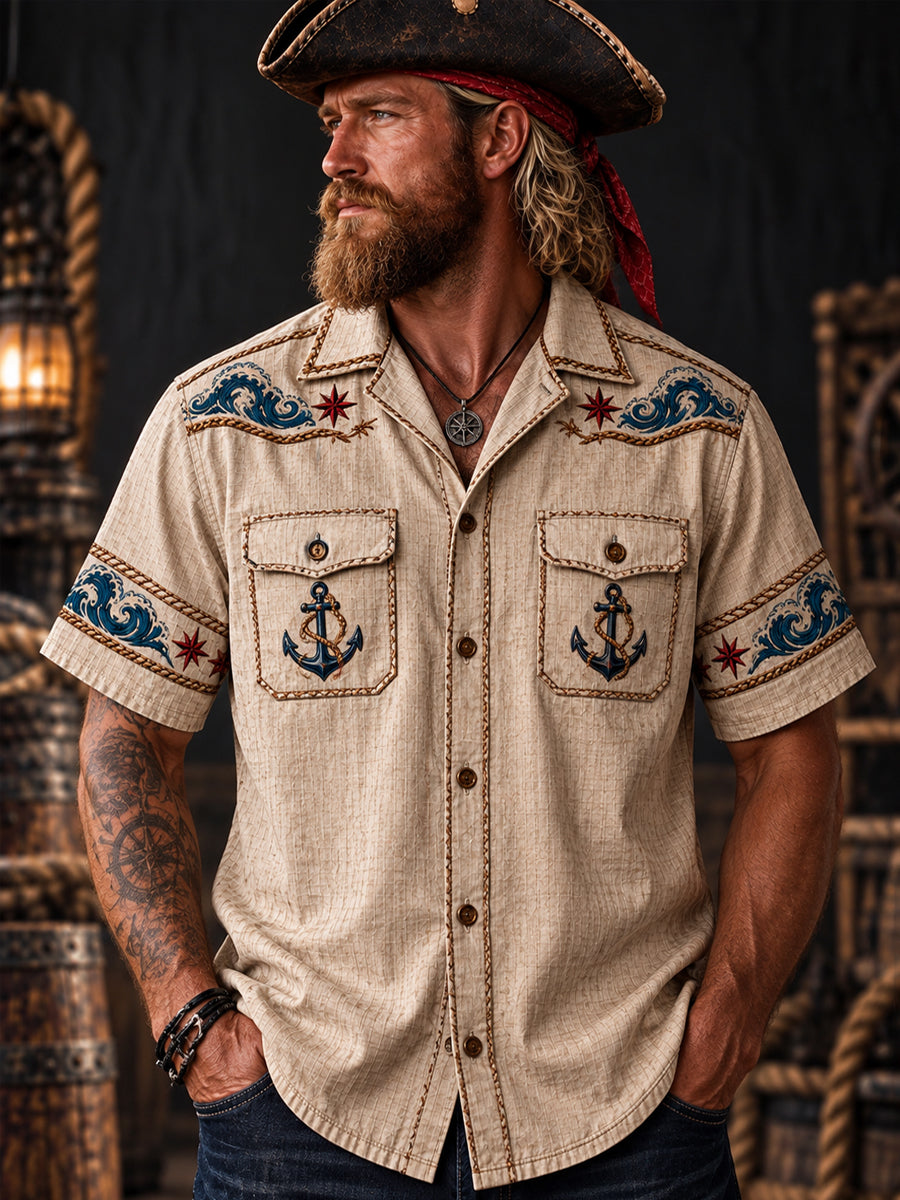 Men’s Vintage “LOST AT SEA” Old Salt Pirate Short Sleeve Shirt