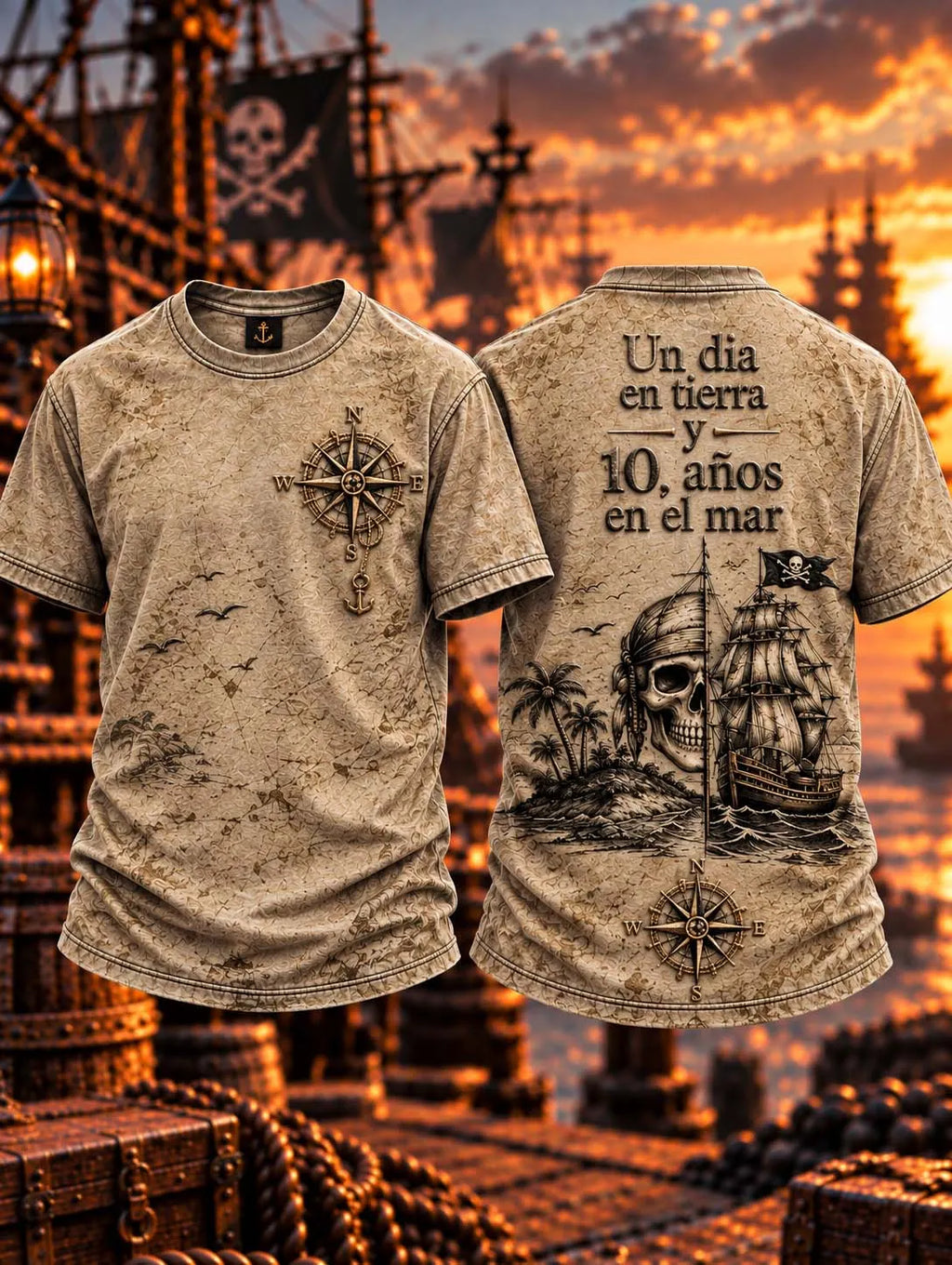 🧭 Vintage Compass & Pirate Skull Map Un Dia En Tierra T-Shirt