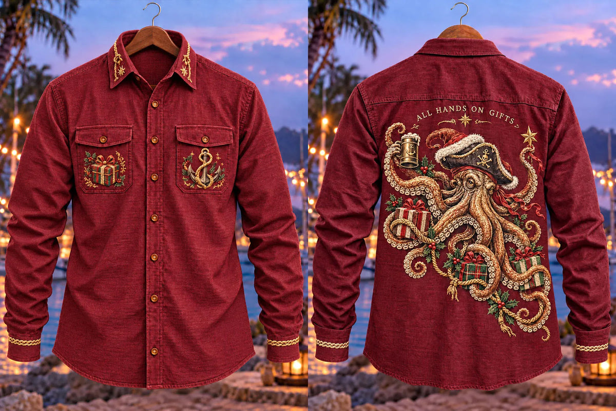 Men's Funny Christmas Pirate Octopus Print Long Sleeve Shirt