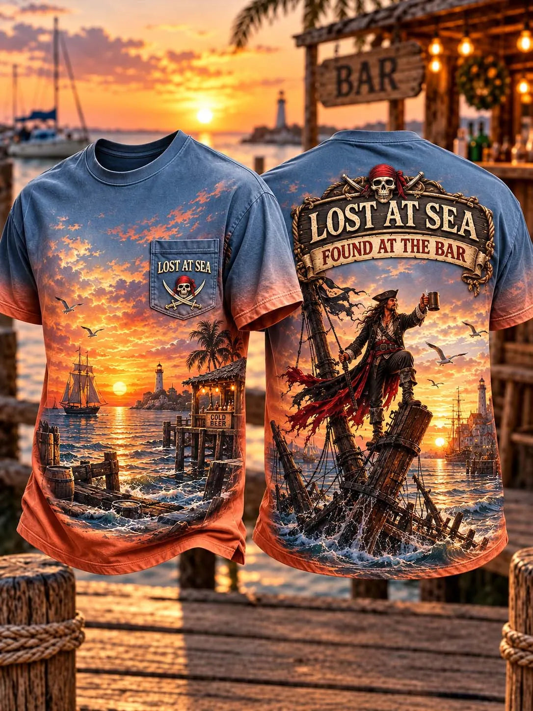 Vintage Pirate Skull & Crossbones Sunset Bar T-Shirt 🌅