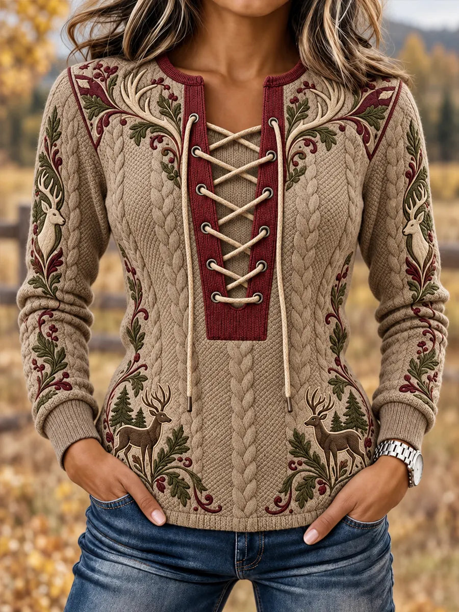 Women's Vintage Retro Reindeer Print Stitch-Detail Sweatshirt