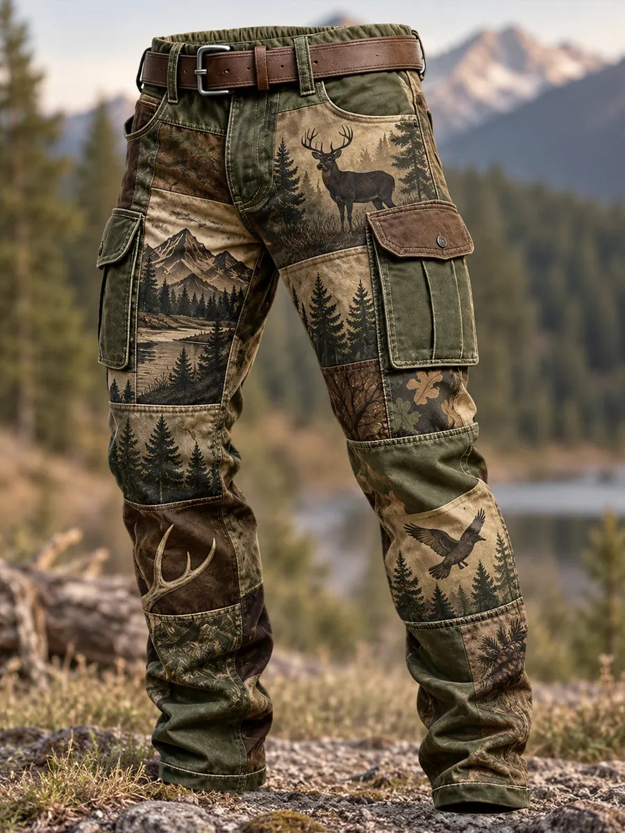 Men's Vintage Hunting Themed Print Style Multi Pocket Casual Cargo Pants