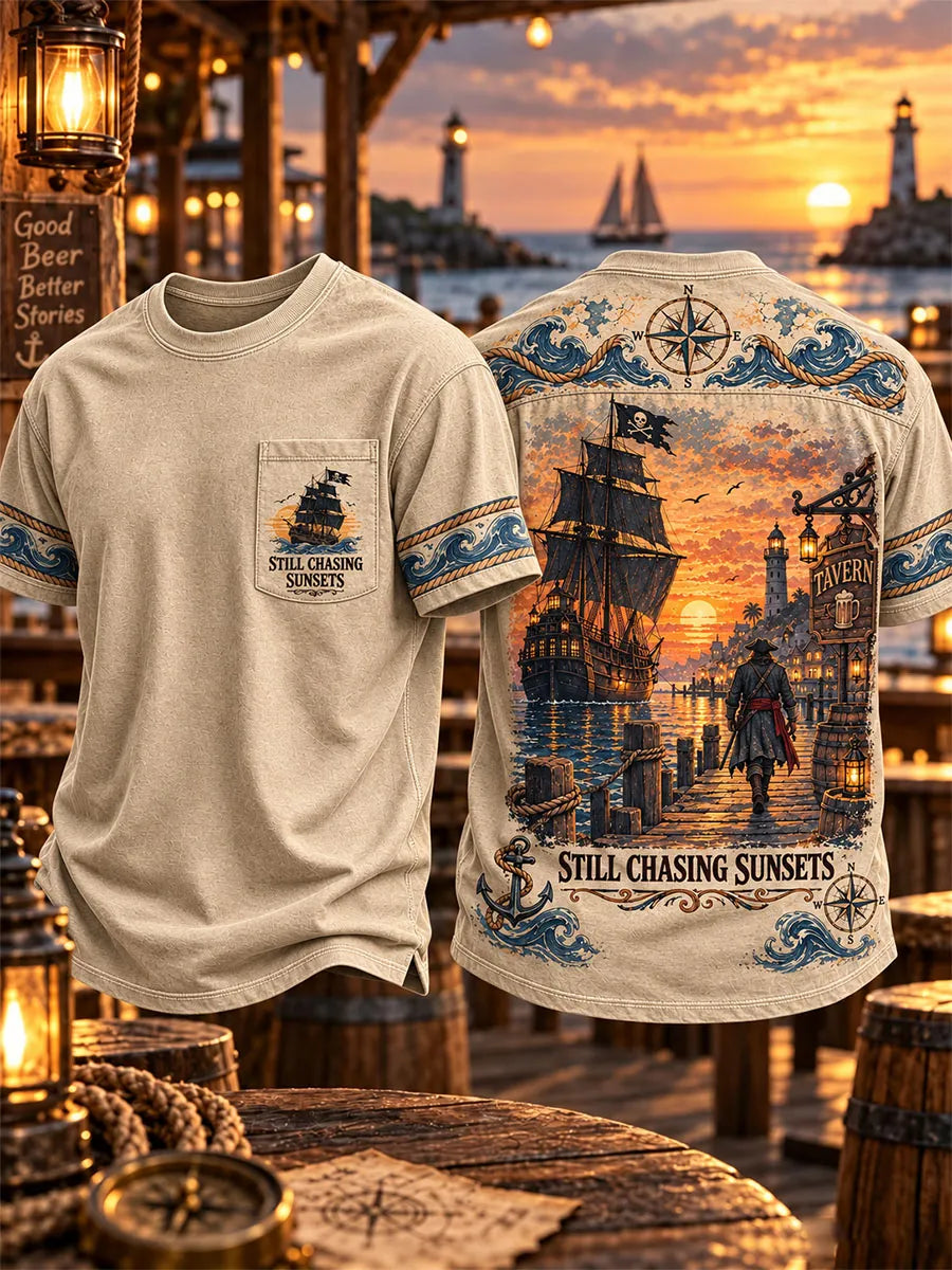Men’s Vintage Pirate Ship Sunset Pocket T-Shirt