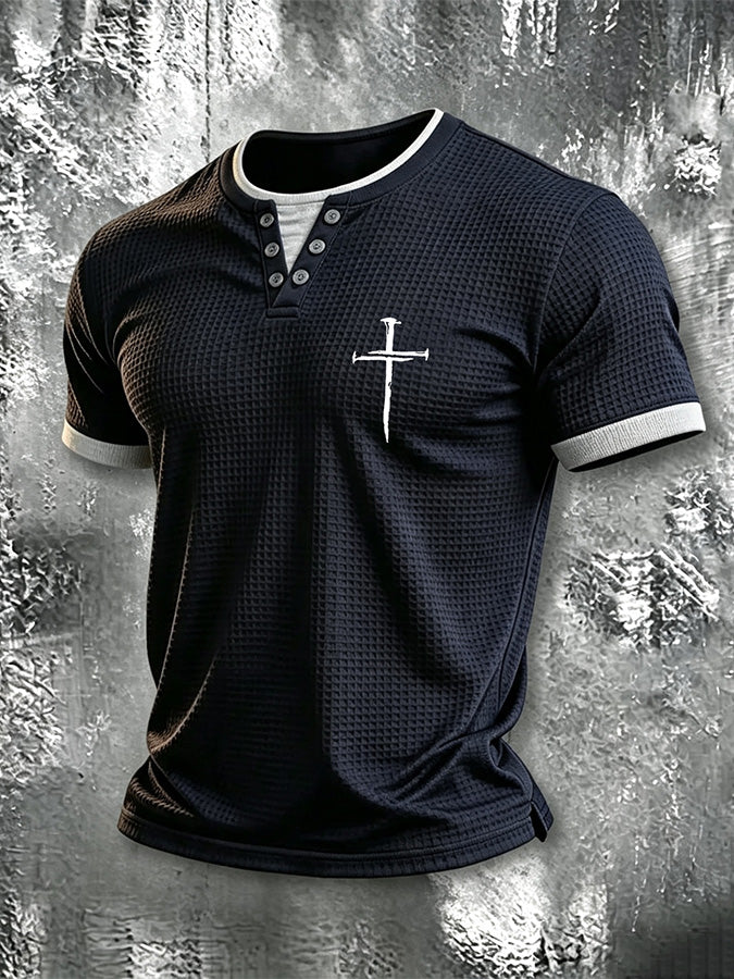 Men'S Faith Cross Fake Two Piece Splicing Waffle Top