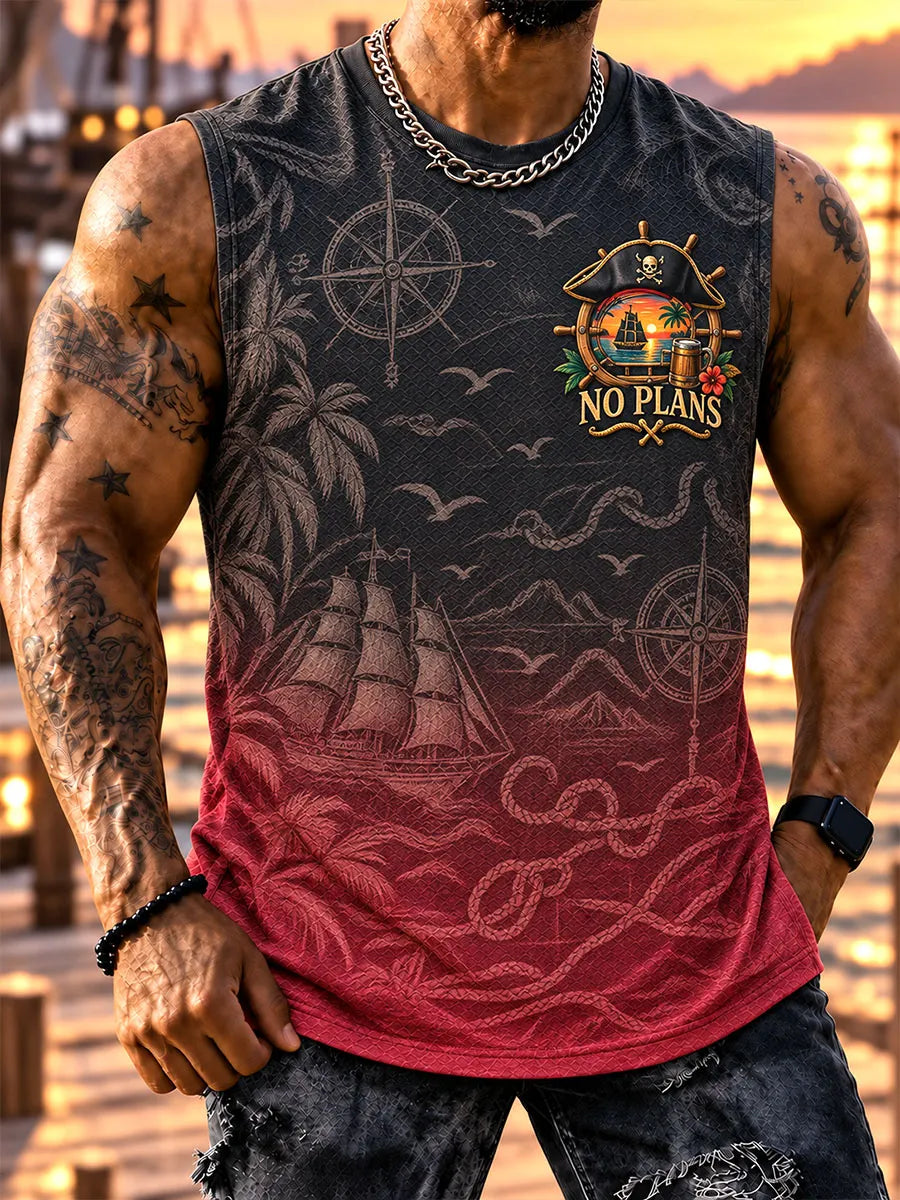 Men’s “No Plans” Pirate Captain & Sunset Nautical Print Sleeveless Tank Top