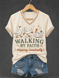 Women'S God Fun Duck Pattern Faith Print V-Neck T-Shirt