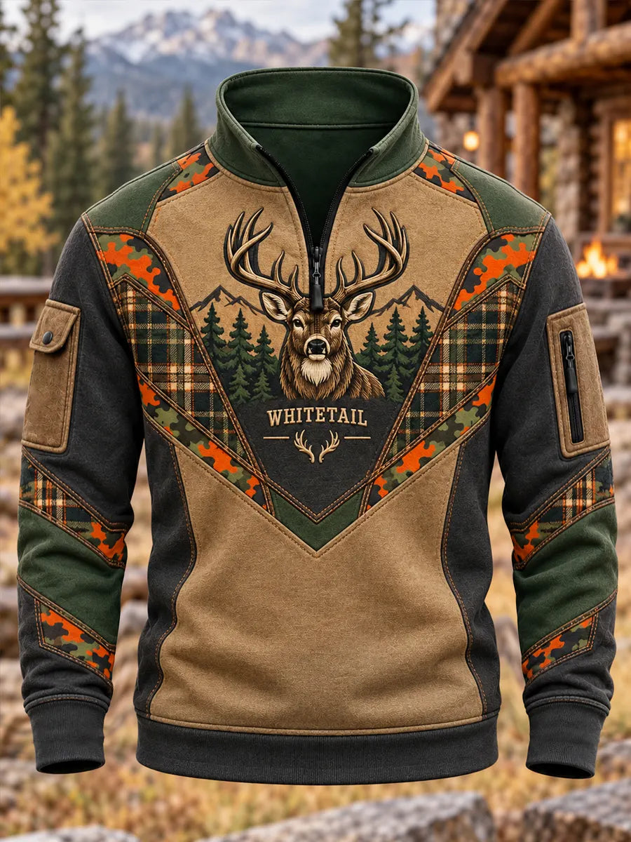 Men's Retro Hunting Culture Print Zip Sweatshirt
