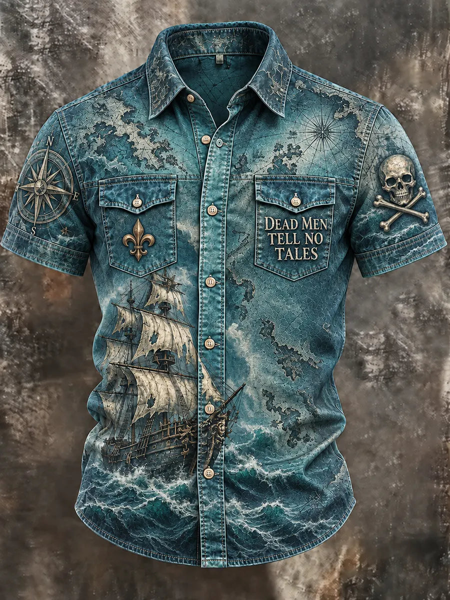 🏴‍☠️ 💀"Dead Men's Tale" Pirate Skull & Map Denim Shirt