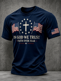 Men's In God We Trust Faith Over Fear Vintage American Flag Cross Patriotic Short Sleeve Crew Neck T-Shirt
