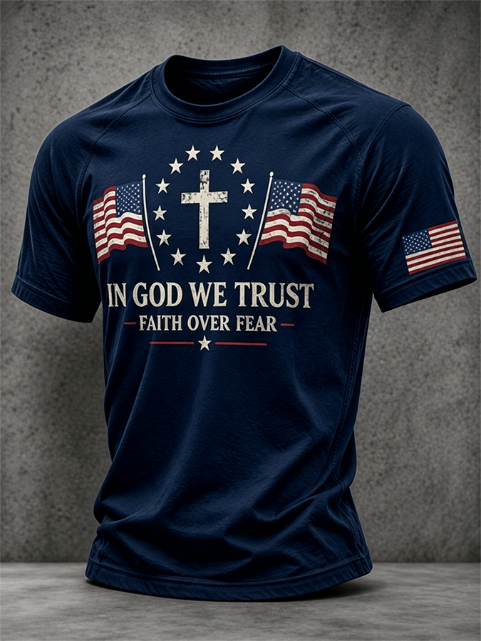 Men's In God We Trust Faith Over Fear Vintage American Flag Cross Patriotic Short Sleeve Crew Neck T-Shirt
