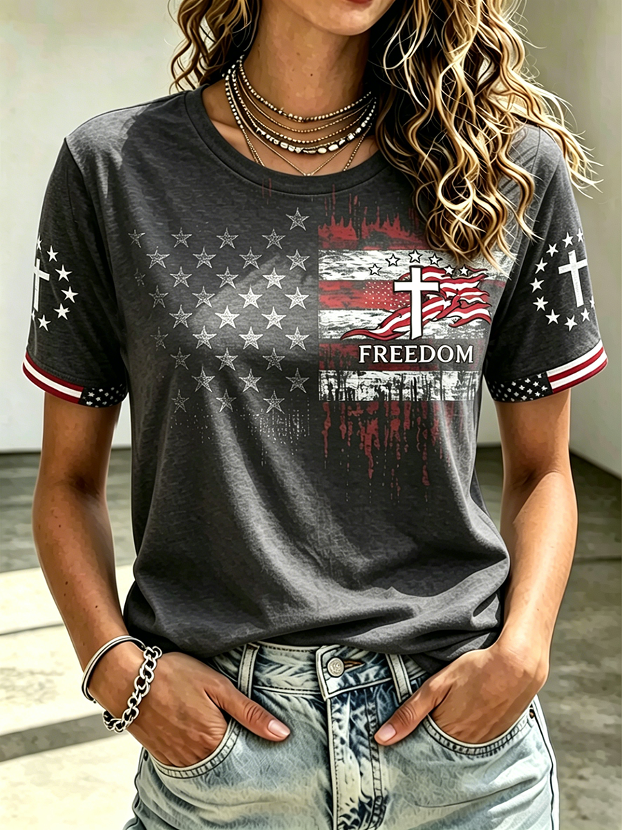American Flag Faith Cross Commemorative Print Round Neck T-Shirt