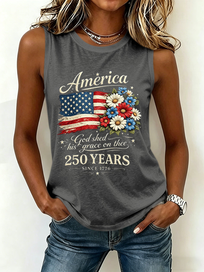 Women's America 250 Years Flag Floral Printed Tank Top