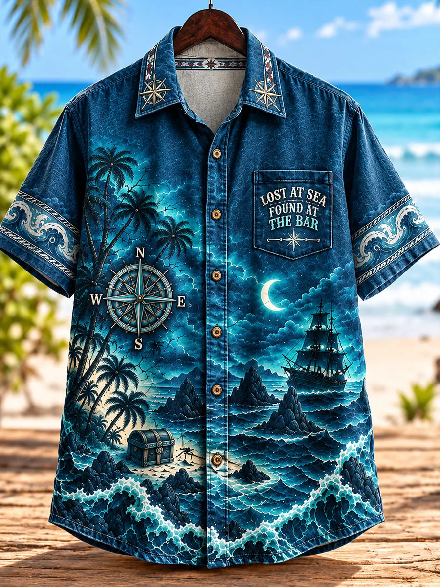 Men’s Pirate Skull Nautical Print Short-Sleeve Shirt