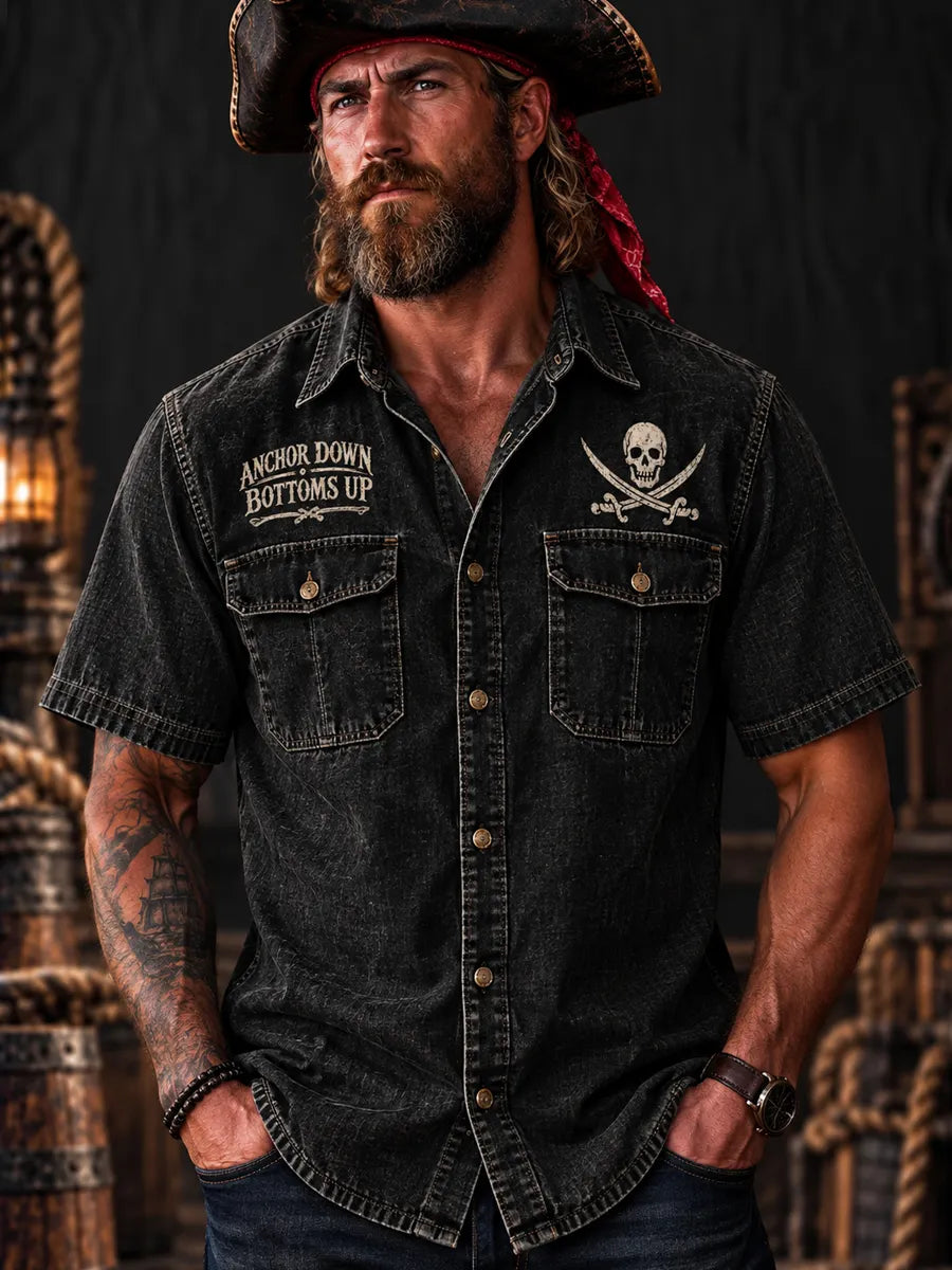 Men’s Vintage  "LOST AT SEA " Old Salt Pirate Short Sleeve Shirt