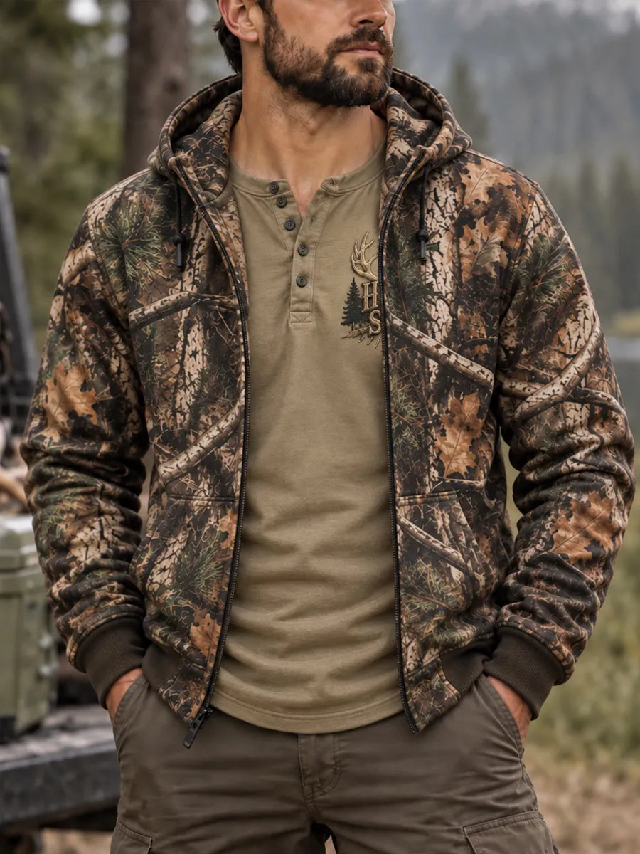 Men's Retro Hunting Culture Print Casual Full-Zip Hoodie