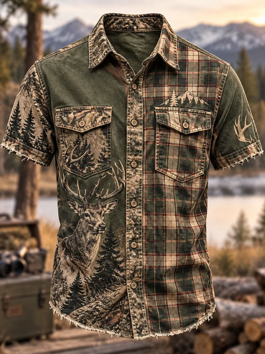 Men's Retro Hunting Culture Print Short Sleeve Button-Up Shirt