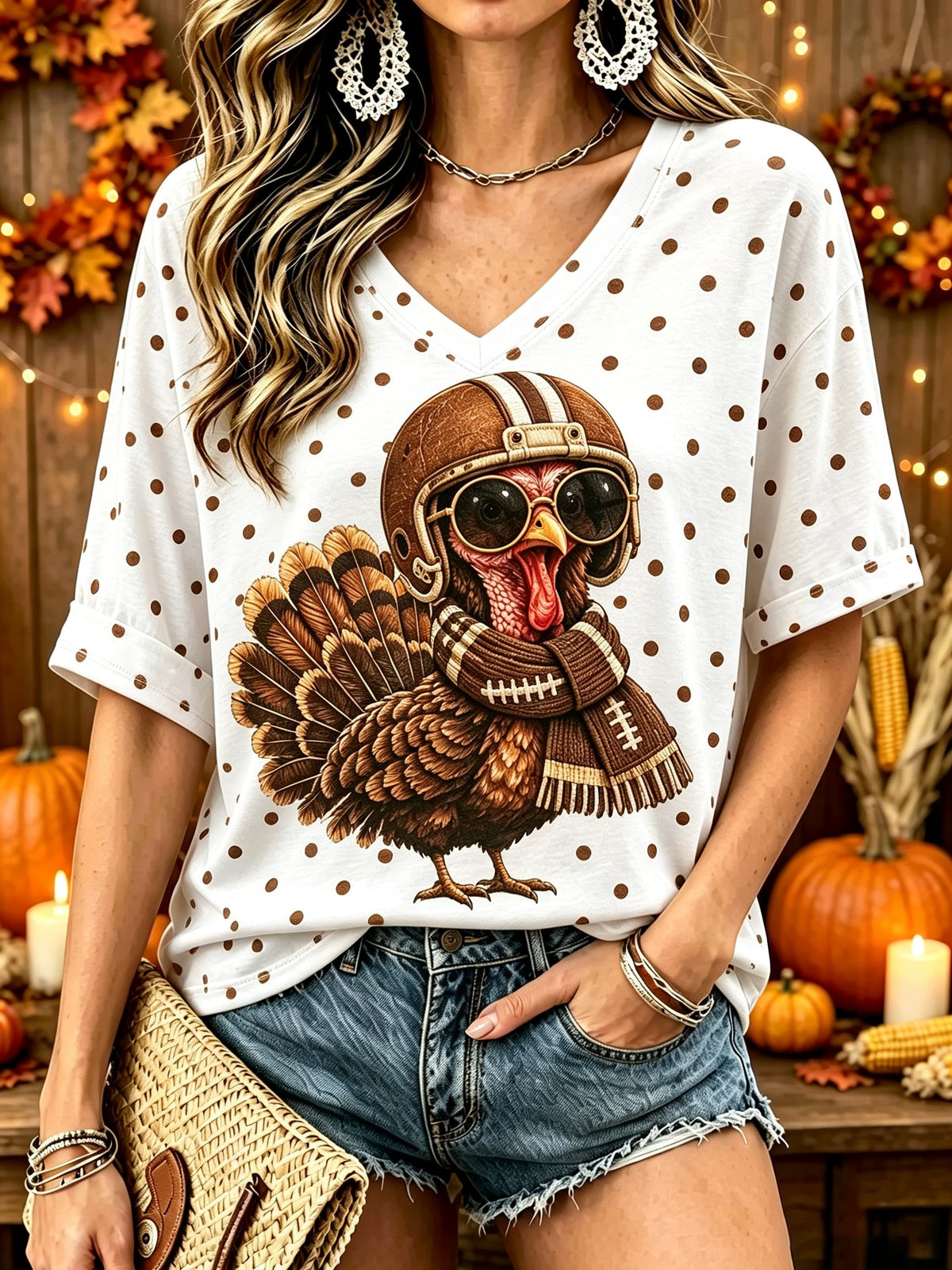 Women's Fun Turkey Football Print T-Shirt