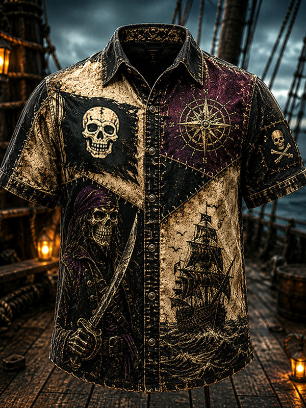 Men's Skeleton Pirates Dark Voyage Art Print Casual Shirt