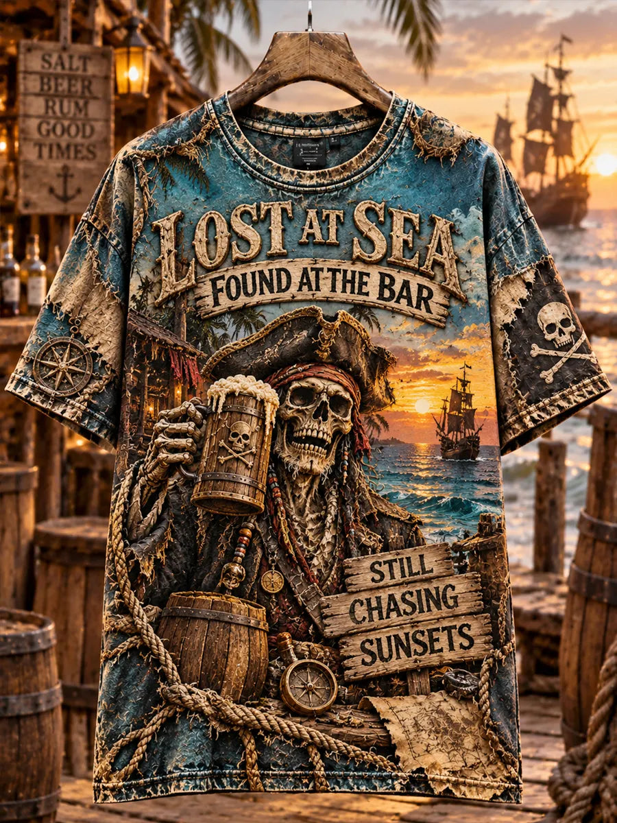Men’s Lost at Sea Found at the Bar Sunset Pirate Graphic Pocket T-Shirt