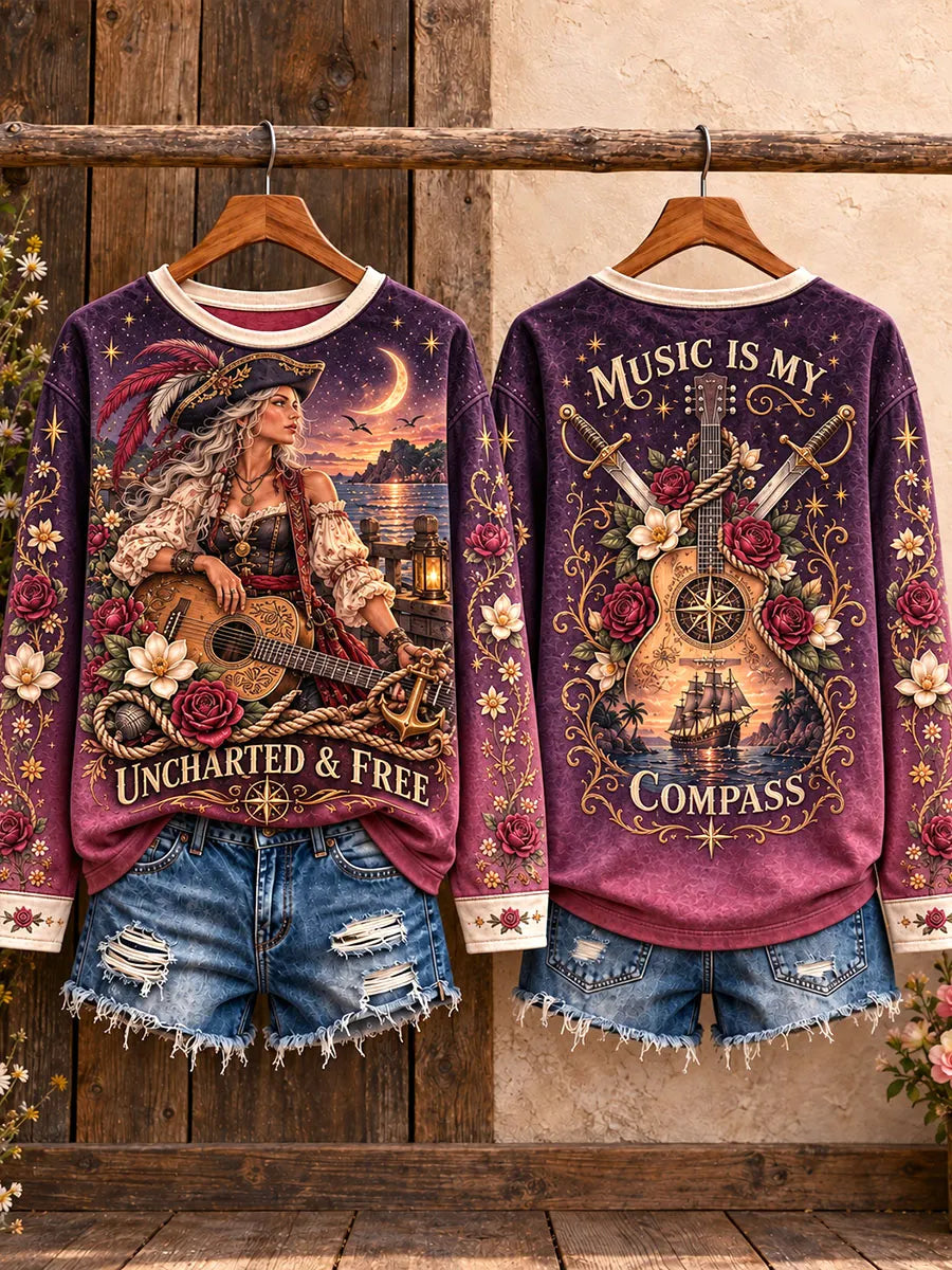 Pirate Woman Guitar Floral Nautical Long Sleeve Top