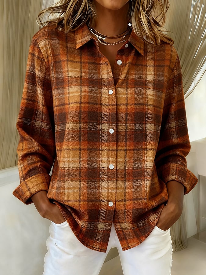 Women's Casual Contrast Color Autumn And Winter Retro Plaid Print Shirt