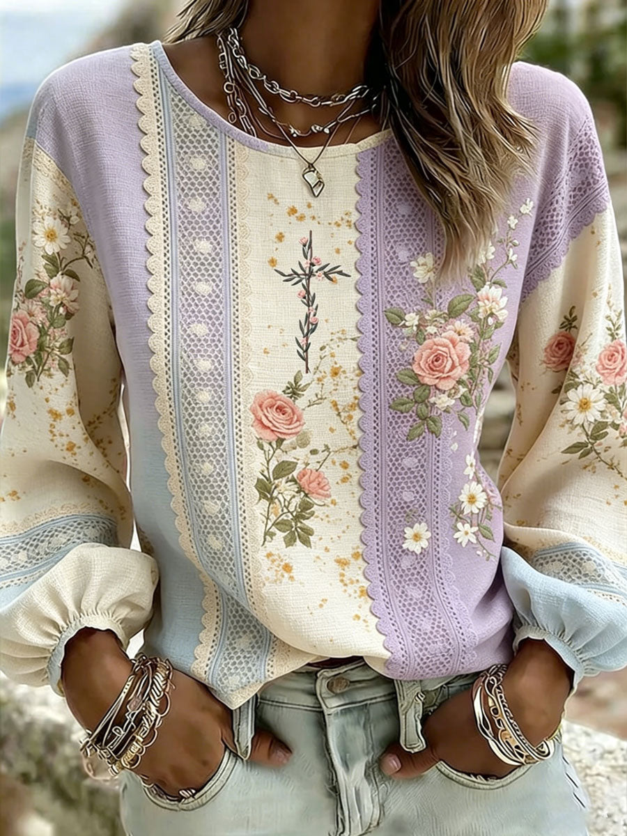 Women'S Casual Floral Faith Print Cotton Linen Top