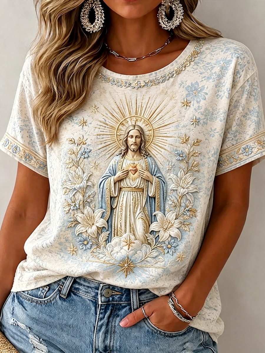 Women'S Jesus Faith Flower Art Printed T-Shirt