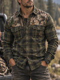 Vintage Hunting Culture Print Long Sleeve Button-Front Shirt
