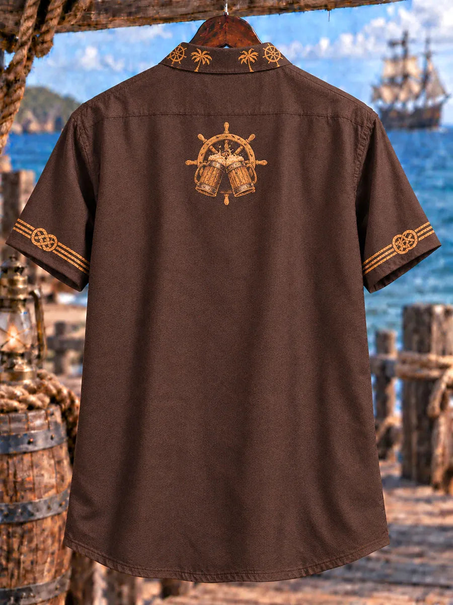 Men’s Pirate Cheers Bar Print Lace-Up Short Sleeve Shirt