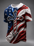 Men'S Cross American Flag Sleeve Printed Round Neck T-Shirt