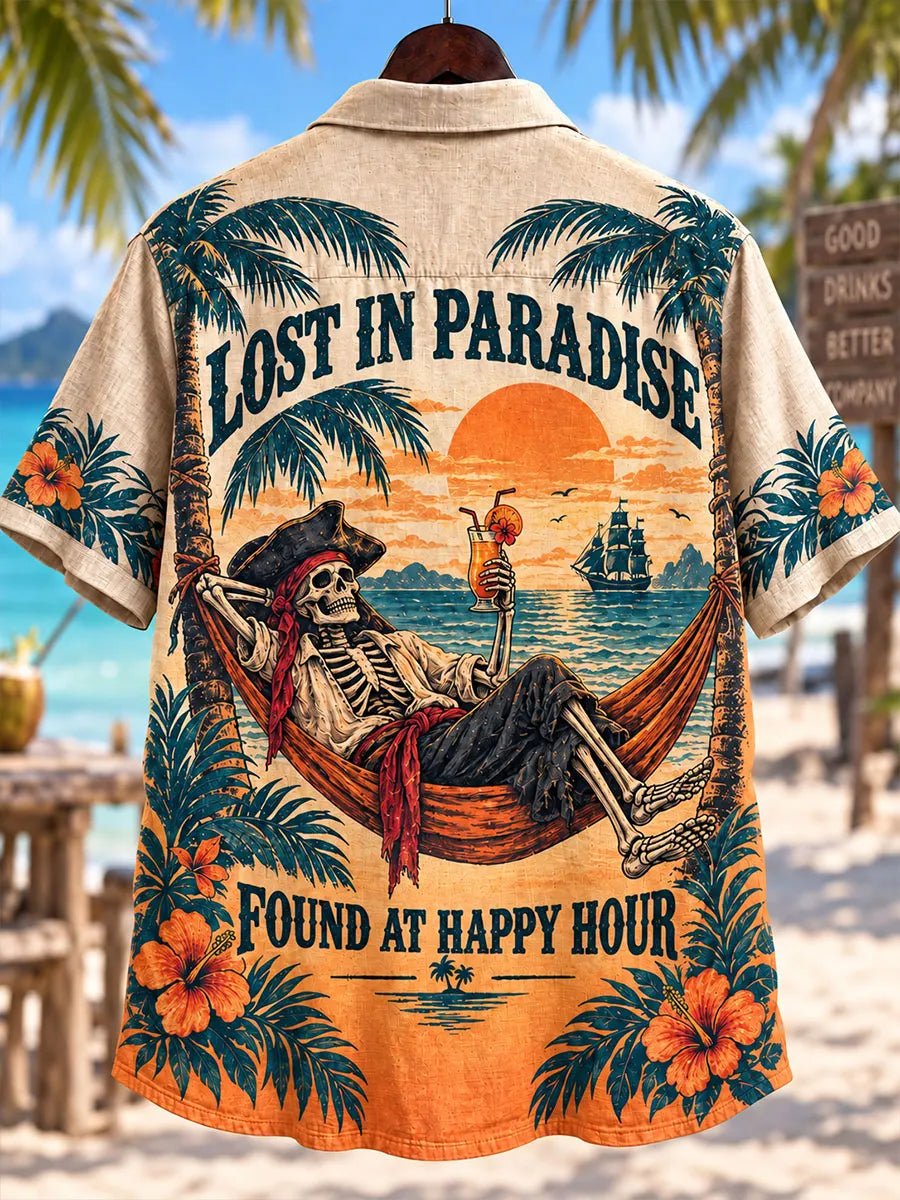 Lost in Paradise, Found at Happy Hour Skeleton Pirate Vacation Shirt