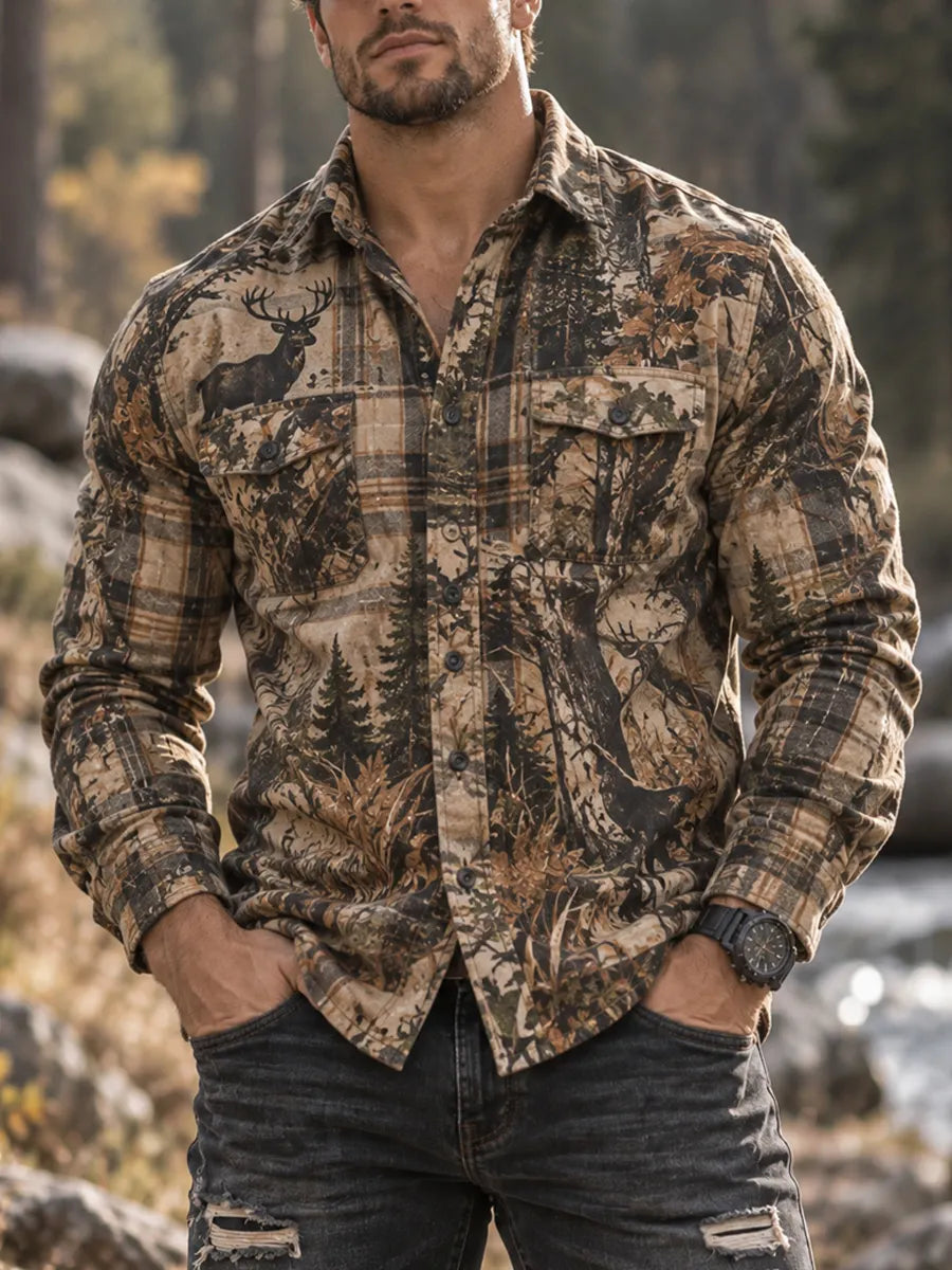 Vintage Hunting Culture Print Long Sleeve Button-Front Shirt