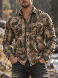 Vintage Hunting Culture Print Long Sleeve Button-Front Shirt