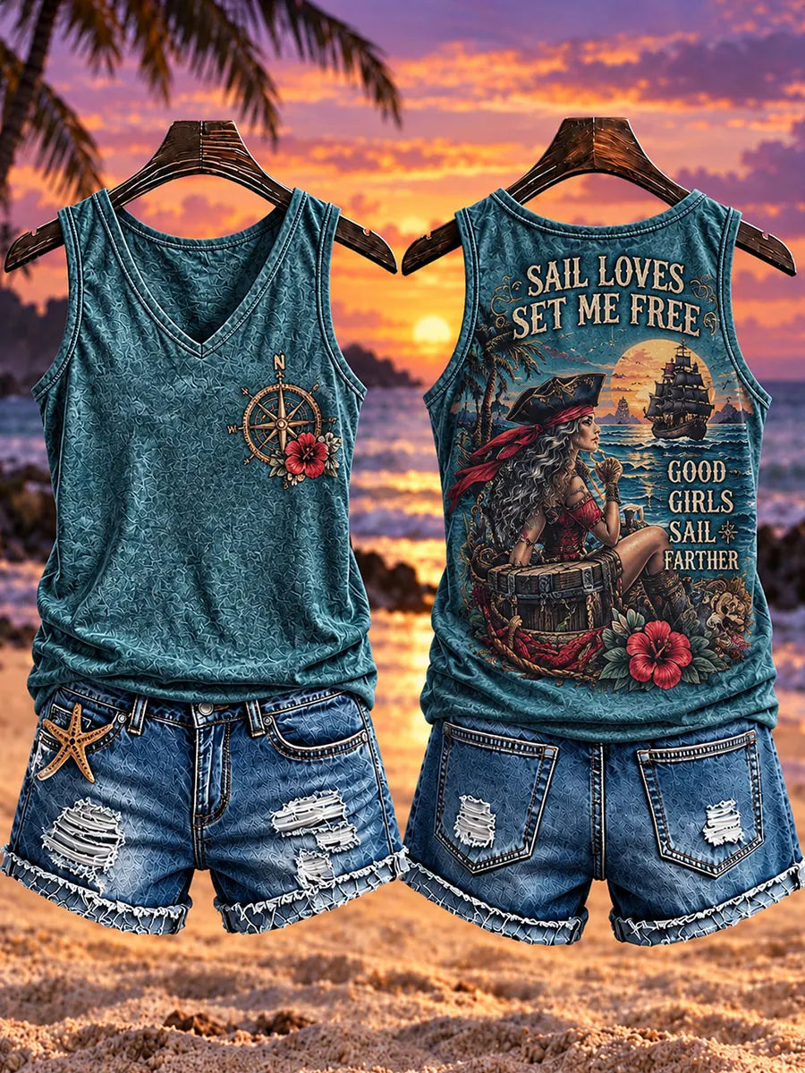 Sunset Pirate Woman Sailing Ship Floral Vintage Women’s V-Neck Sleeveless Tank Top