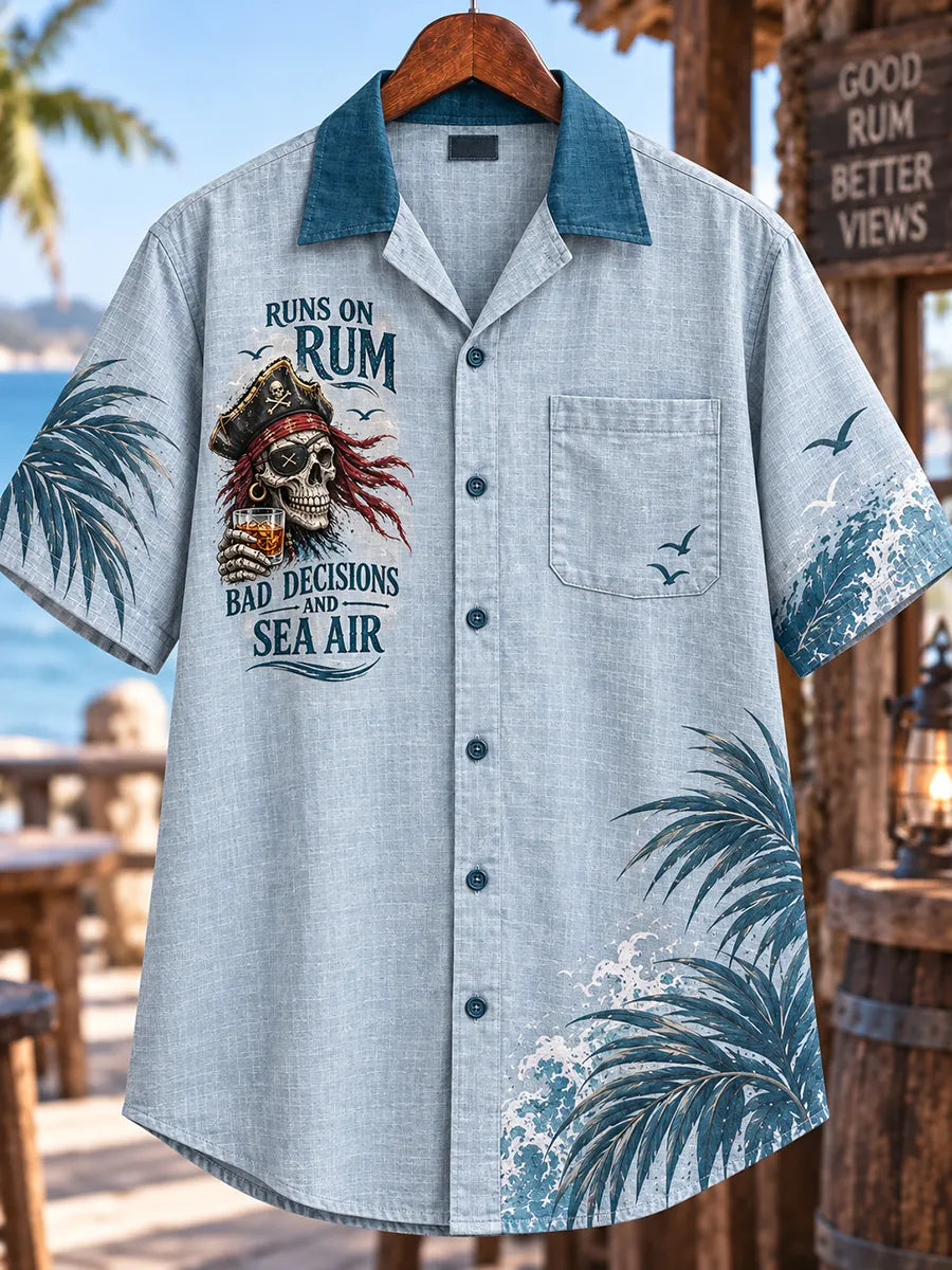 🏴‍☠️ "Runs on Rum" Skeleton & Palm Beach Denim Shirt