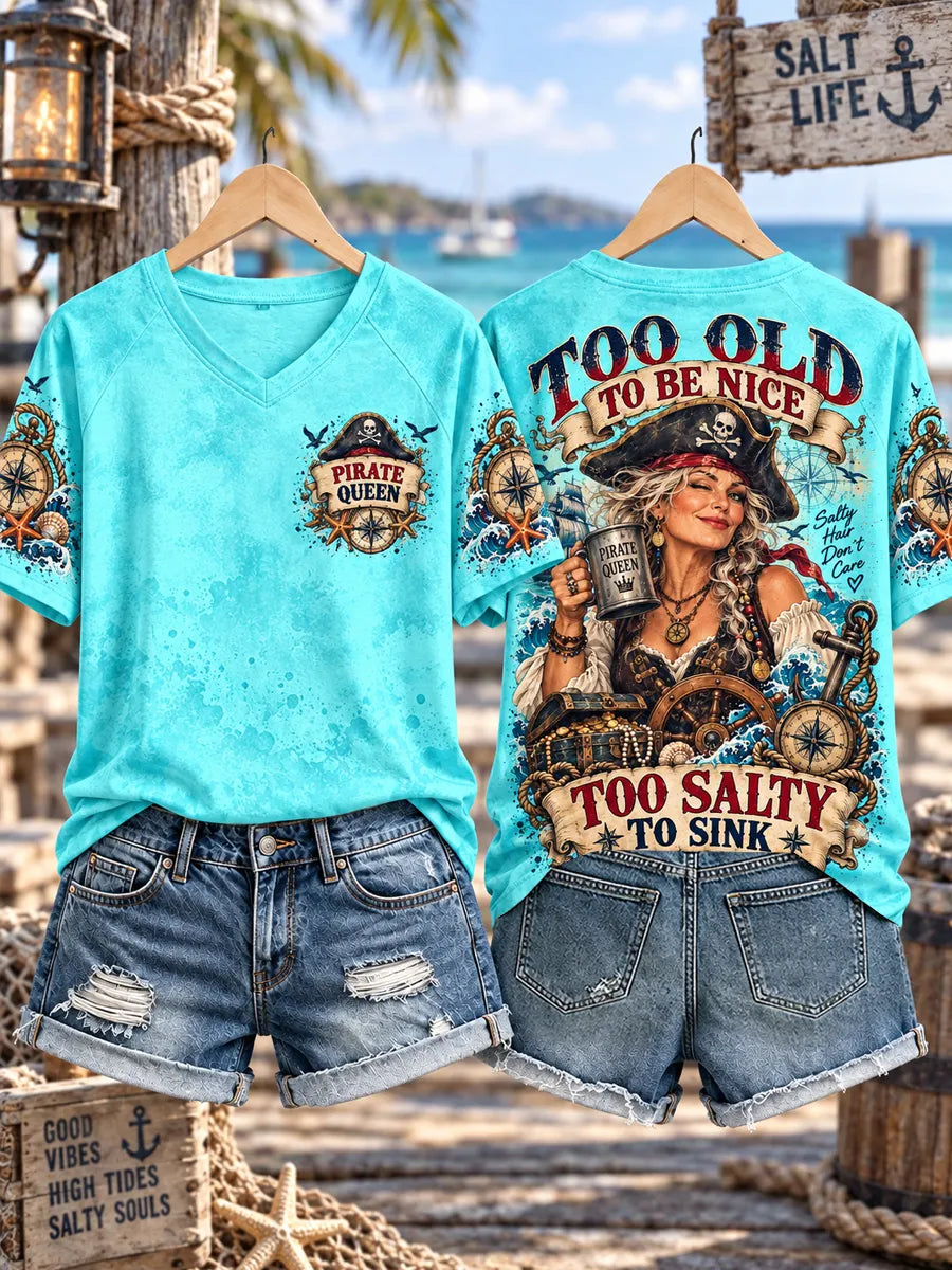 Women's Vintage-Style Pirate & Ocean-Themed Graphic T-Shirt