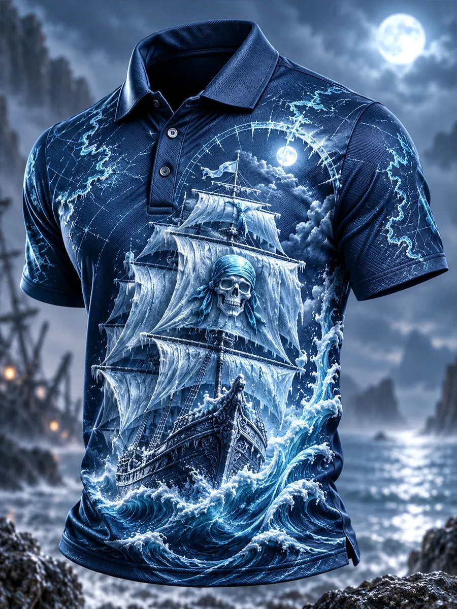 Moonlit Ghost Pirate Ship & Waves Men's Polo Shirt