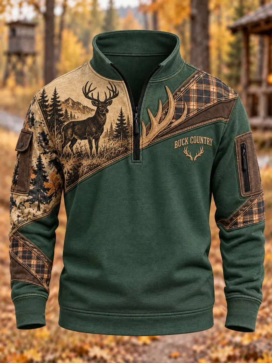 Men's Retro Hunting Culture Print Zip Sweatshirt