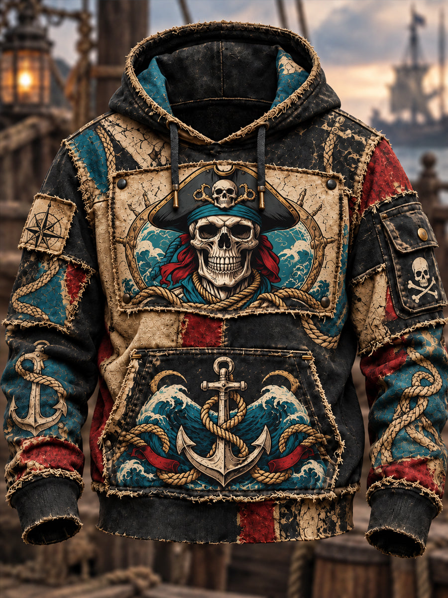 Men's Vintage Pirate Skull Art Print Casual Hoodie
